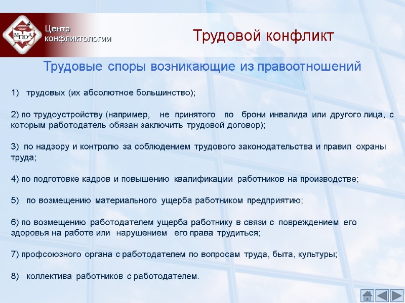 Трудовой конфликт Трудовые споры возникающие из правоотношений Центр  конфликтологии  1)  